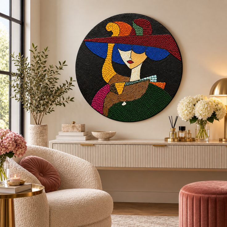 Round mosaic glass wall art of a woman in a blue hat holding a turquoise fan