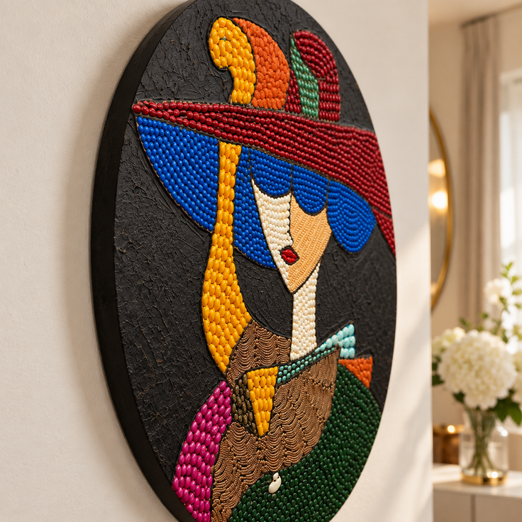 Close-up of round mosaic glass artwork: woman with yellow face, blue and red hat