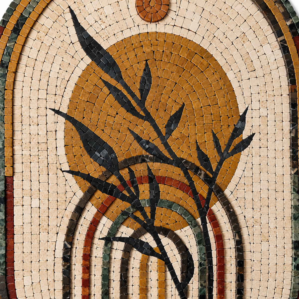 Close-up of arched stone mosaic wall art showing detailed reed stems, dark accents, and stripes