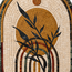 Close-up of arched stone mosaic wall art showing detailed reed stems, dark accents, and stripes