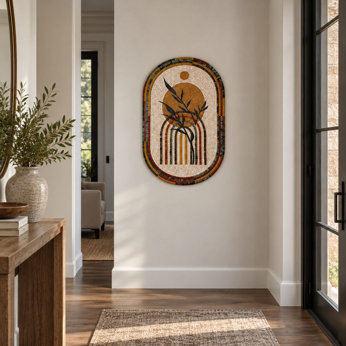 Handmade stone mosaic wall art with arched top, reed-and-vase motif in gold, green, and dark