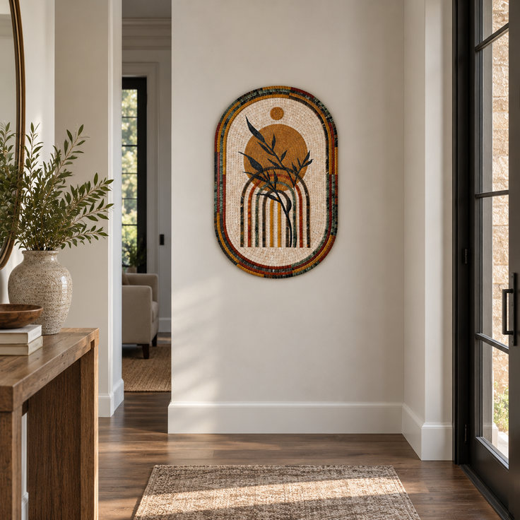 Handmade stone mosaic wall art with arched top, reed-and-vase motif in gold, green, and dark