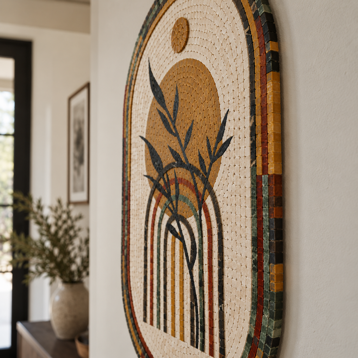 Handmade stone mosaic wall art with arched frame and reed stems in gold and dark tones