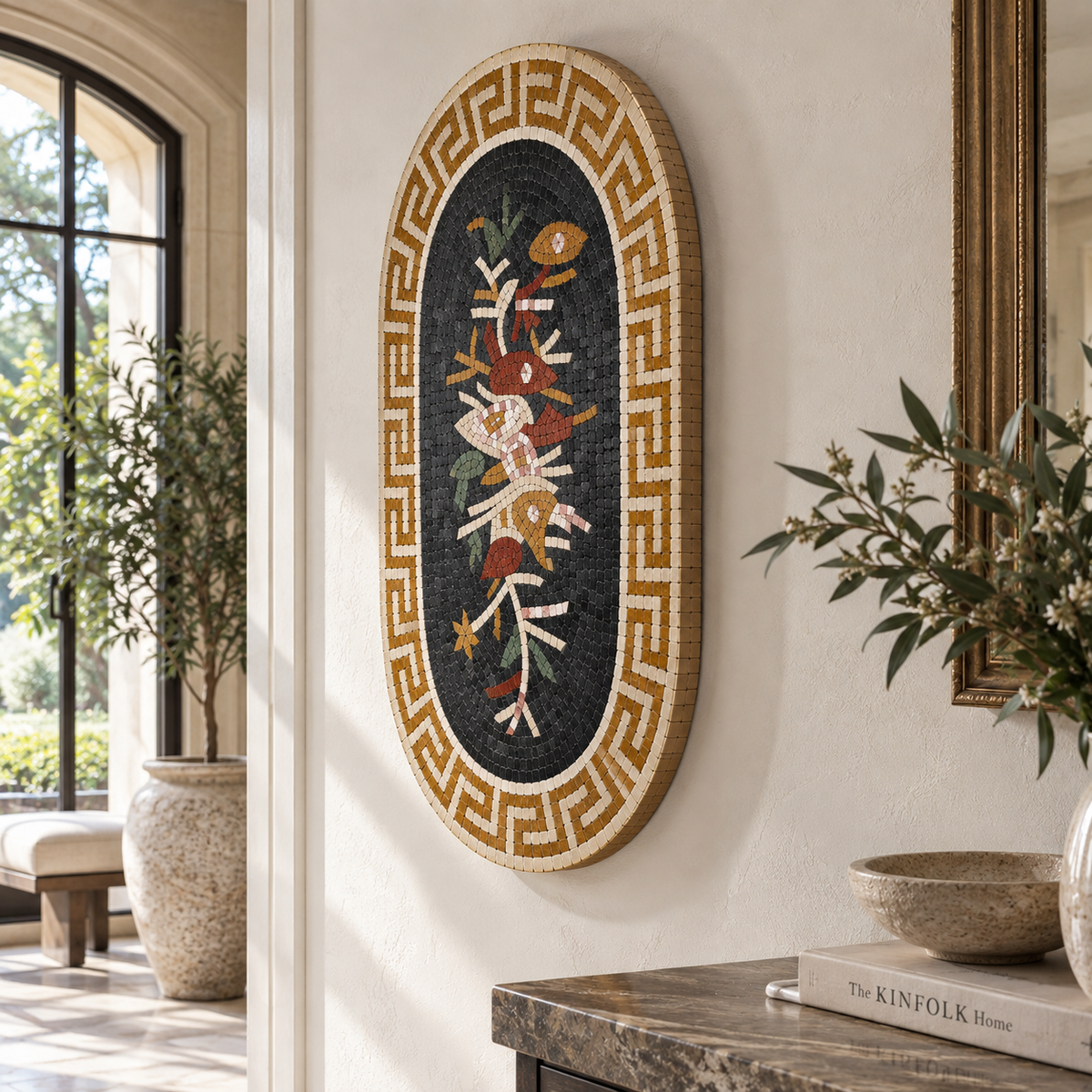 Oval floral mosaic wall hanging with Greek key border and red, green, beige figures.