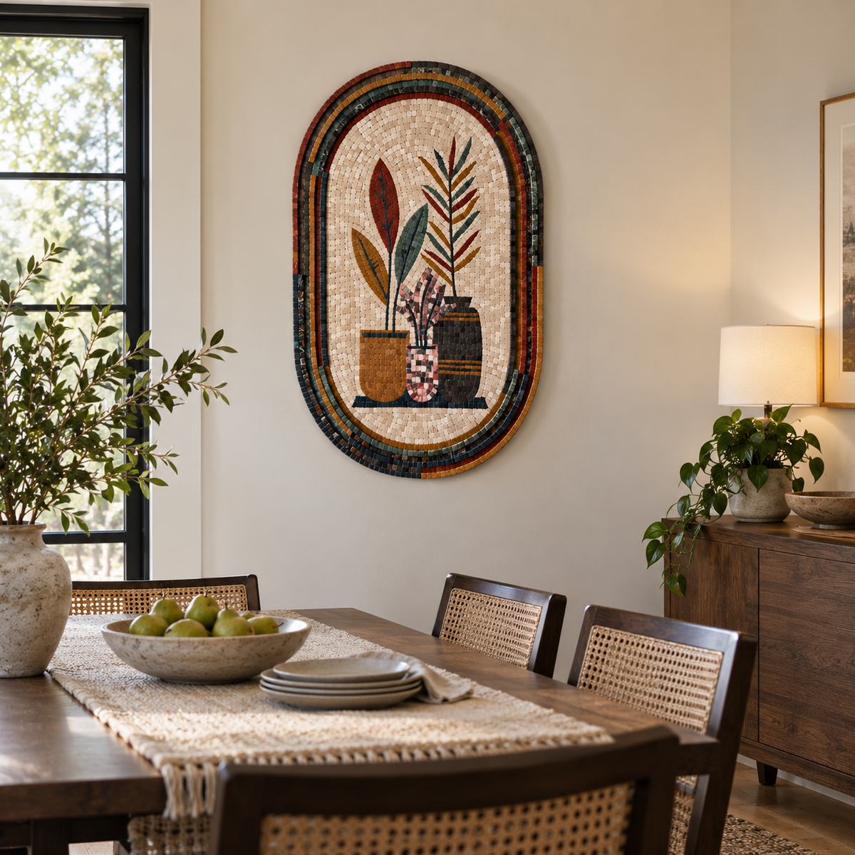 Oval stone mosaic wall art showing potted plants and vases in arched border