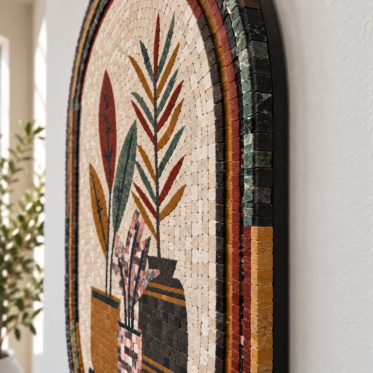 Oval stone mosaic wall art with leaf stems and potted flowers, arched frame