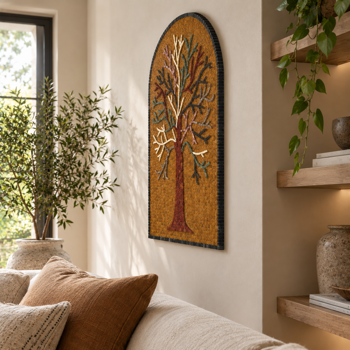 Arched tree of life mosaic panel wall art with orange glass tiles and teal branches