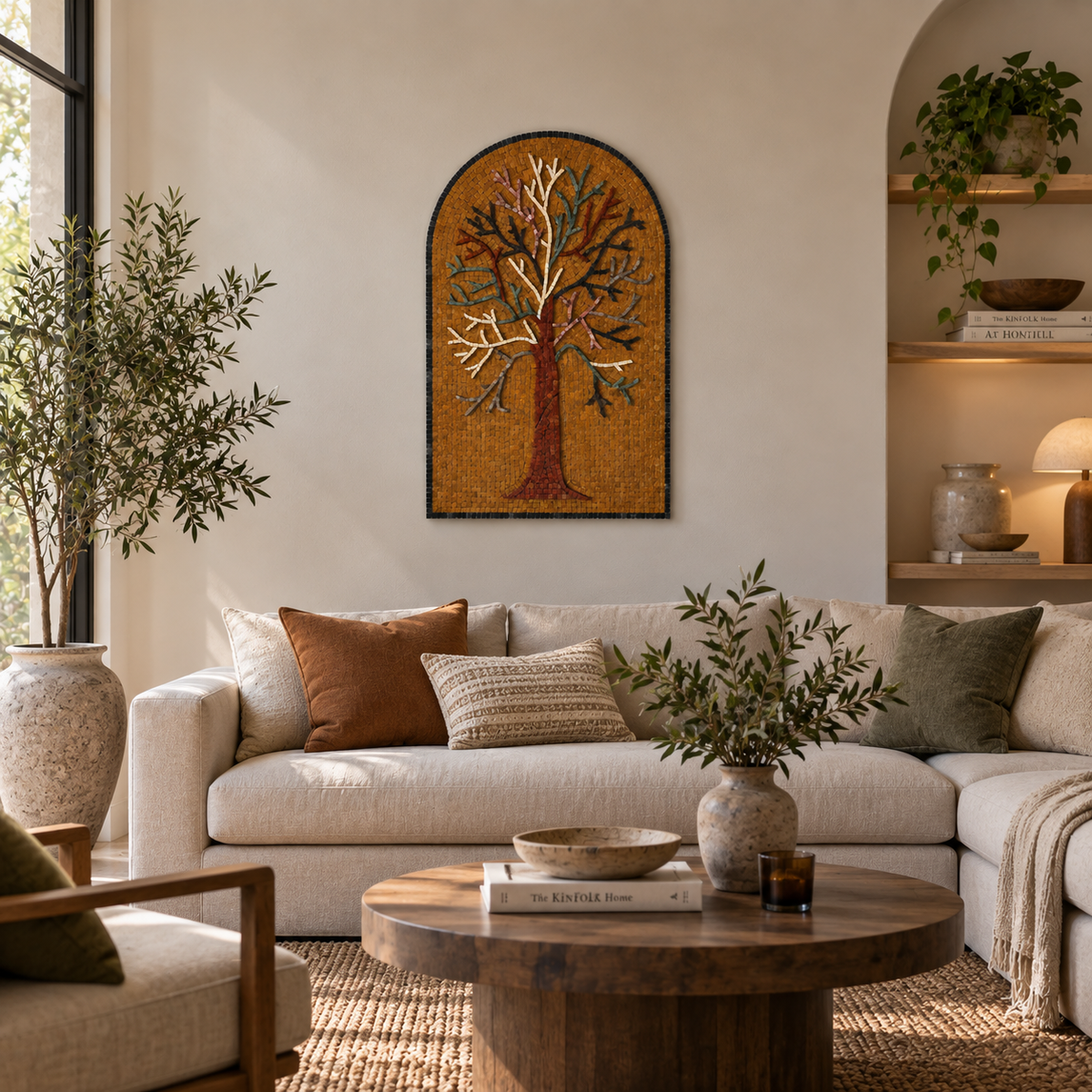 Tree of life mosaic wall art with arched glass and gemstone panel, warm orange and gold