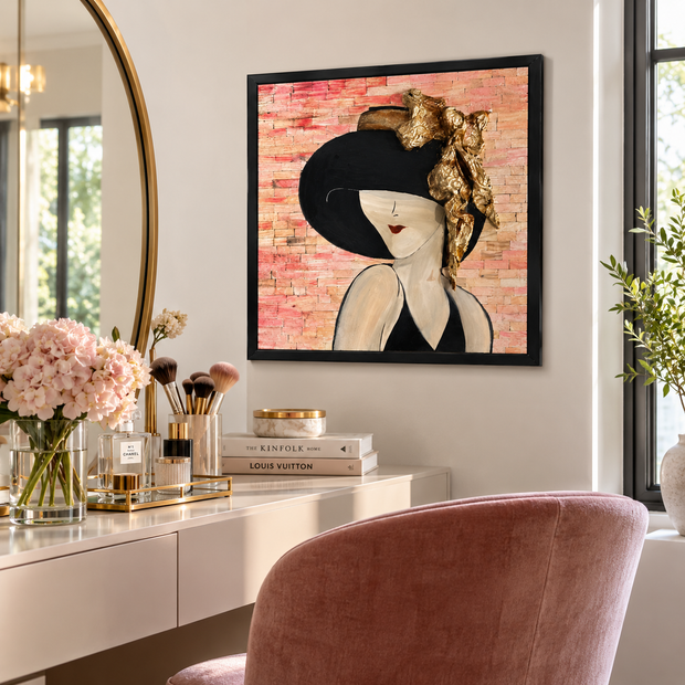 Framed mosaic portrait of a woman with a gold hat, black headpiece, brick-style background