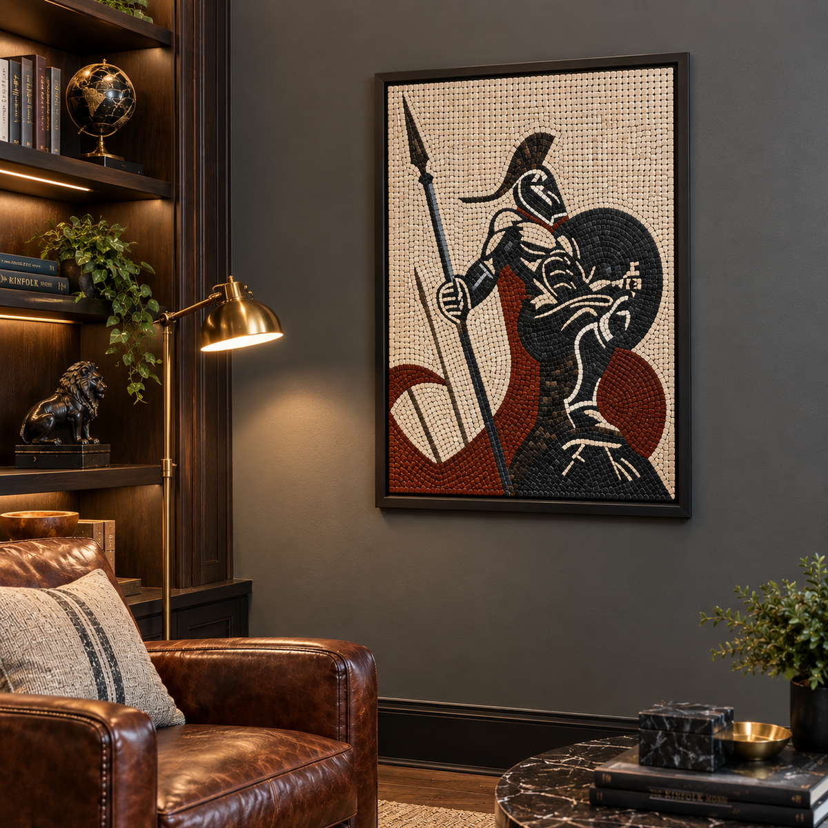 Framed Spartan warrior mosaic wall art with spear and shield in black, red, and white