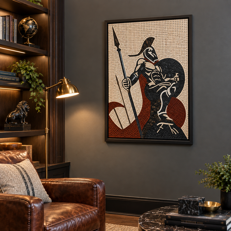 Framed Spartan warrior mosaic wall art with spear and shield in black, red, and white