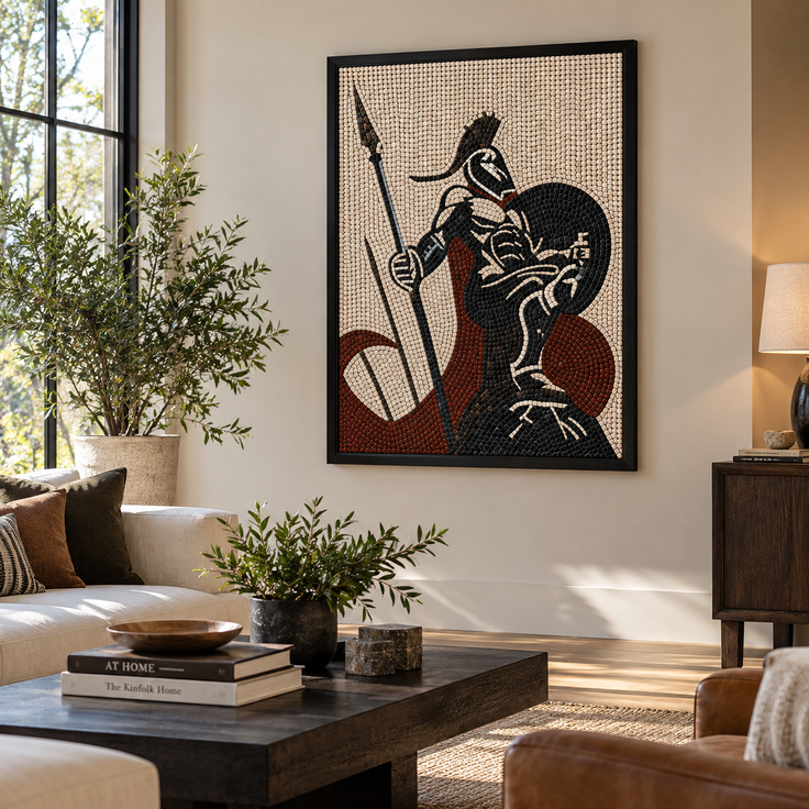 Framed Spartan warrior mosaic panel with raised spear, shield, and black-red-white tiles
