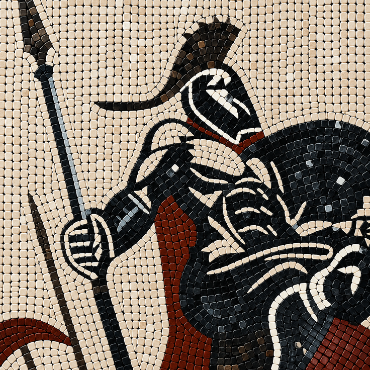 Spartan warrior mosaic tile detail with spear and armor, black and red on white