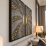Two-panel framed mosaic wall art with gold and gray curved rays on a dark background