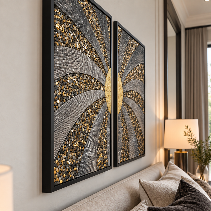 Two-panel framed mosaic wall art with gold and gray curved rays on a dark background