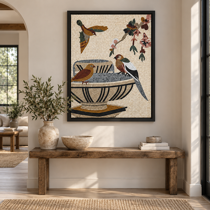 Mosaic wall art panel with birds perched on a patterned blue vase, black frame
