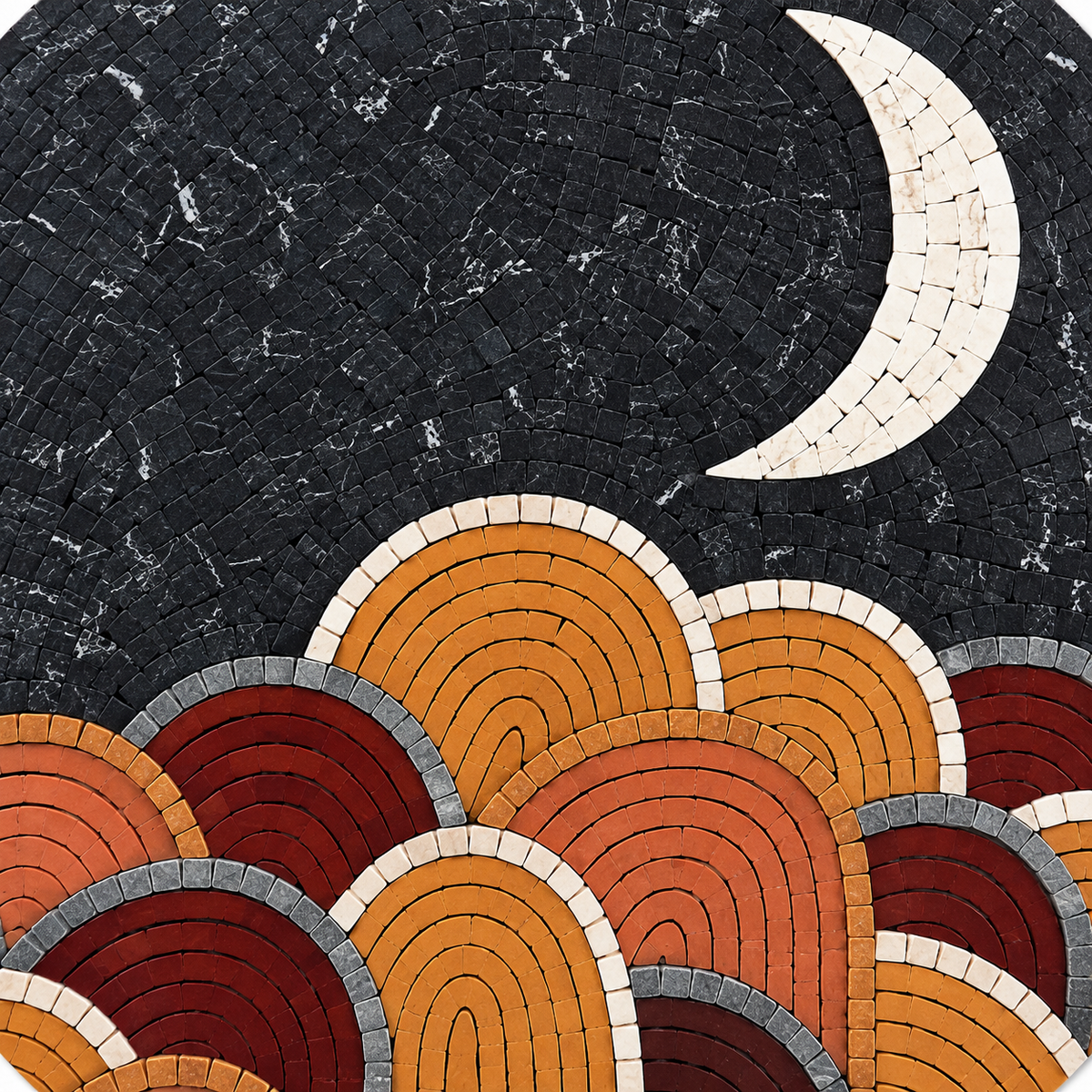 Black textured mosaic close-up with crescent moon and stacked orange, red, and gray arches