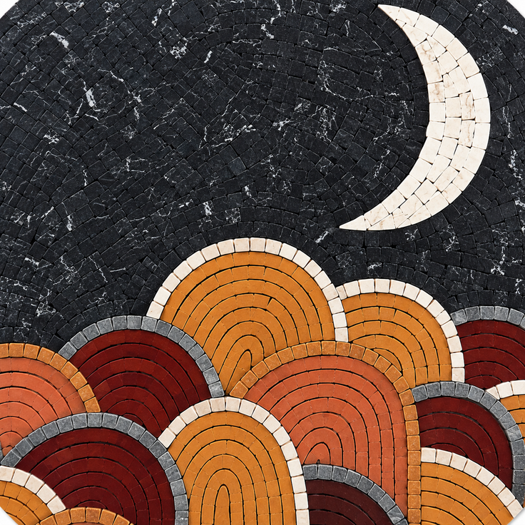 Black textured mosaic close-up with crescent moon and stacked orange, red, and gray arches