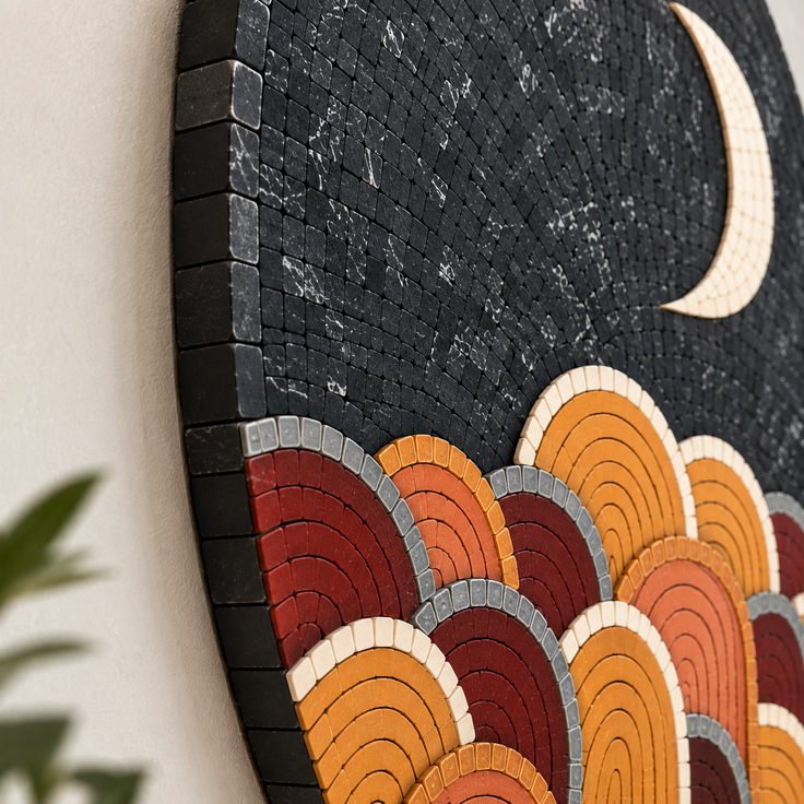 Close-up of black mosaic disc tiles with crescent moon edge and orange arched rows