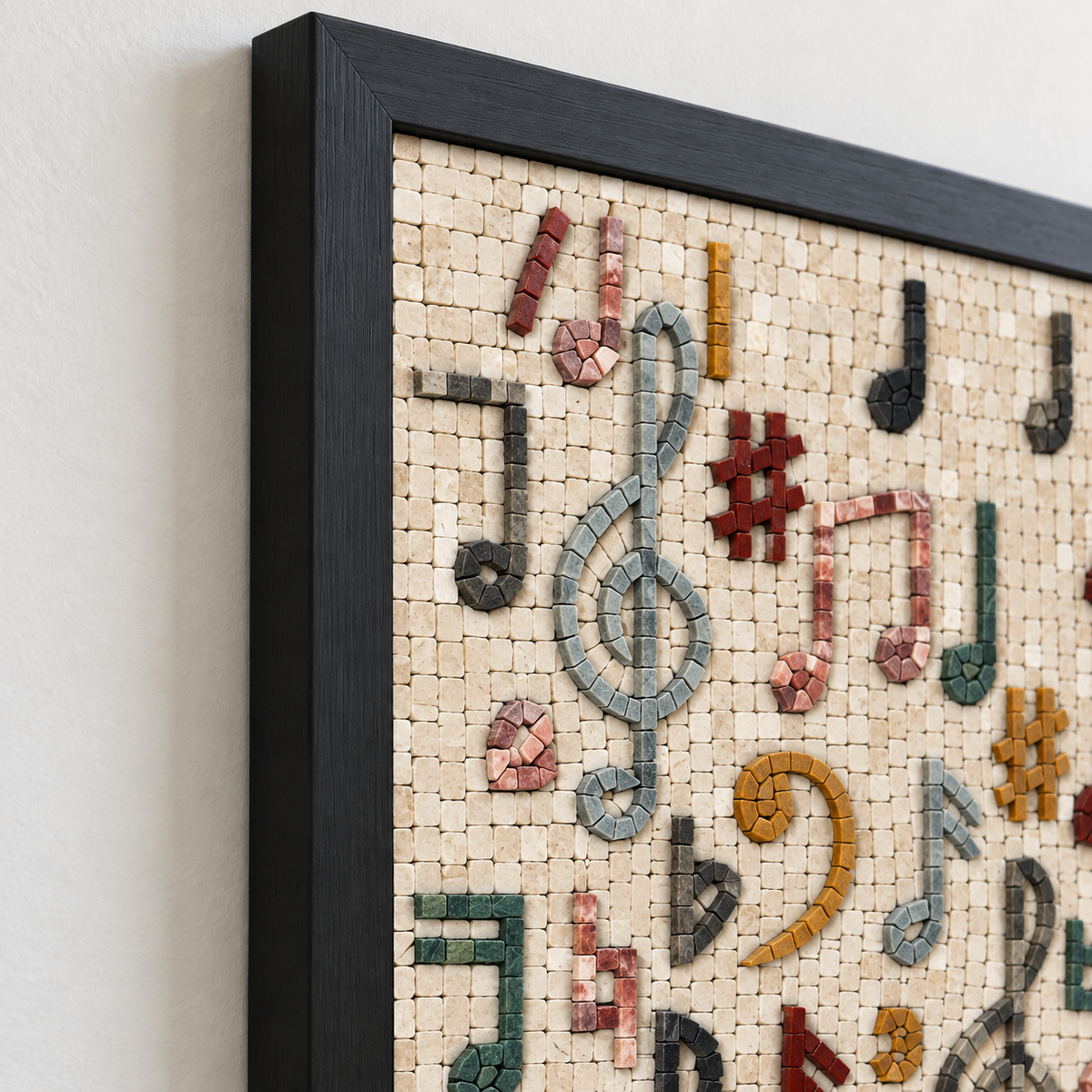 Handmade stone mosaic wall art with multicolor music notes in a dark frame