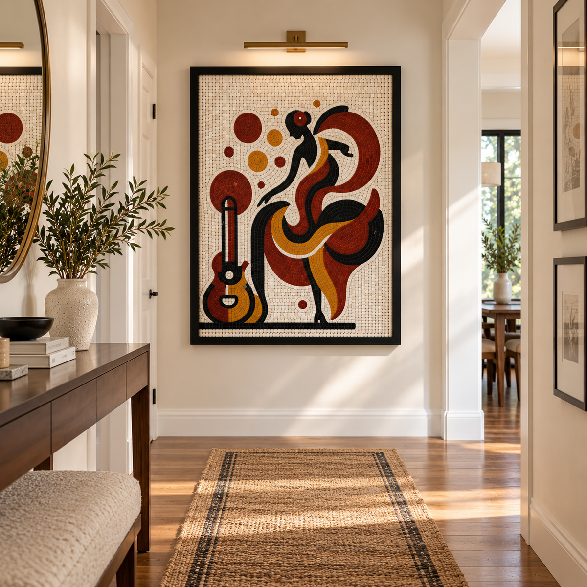 Framed mosaic wall art panel with dancer motif in red, black, and yellow tiles