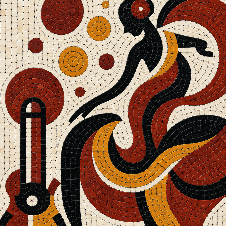 Close-up mosaic tiles showing dancer curves in red, black, and yellow on cream