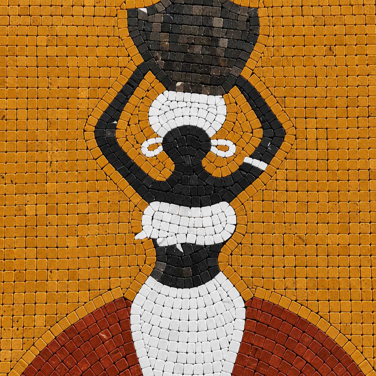 Mosaic panel close-up detail of water bearer figure with black, white, and gold tiles