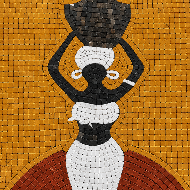 Mosaic panel close-up detail of water bearer figure with black, white, and gold tiles