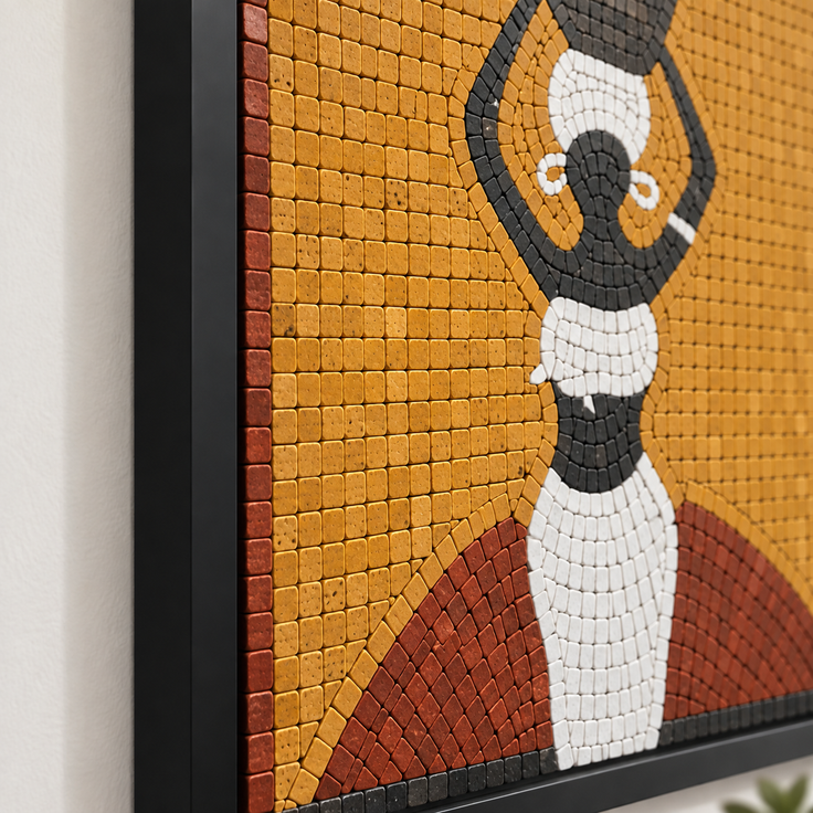 Handcrafted mosaic wall panel with water bearer figure, yellow, white, black, and red tiles