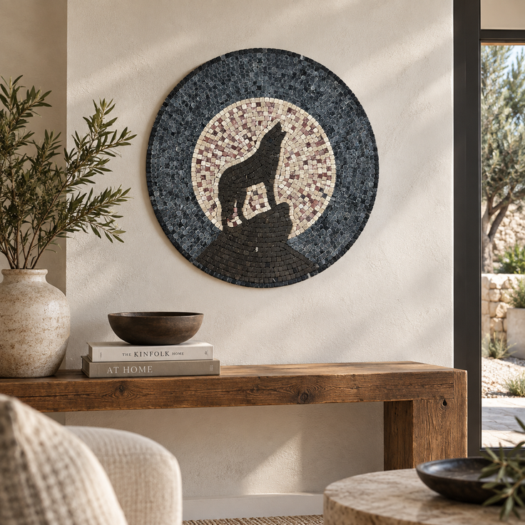 Round mosaic wall art featuring a black wolf howling beneath a light moon