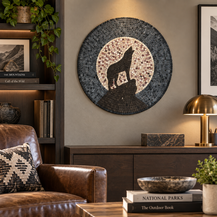 Round wolf howling moon mosaic wall art with gray, black, and white tiles