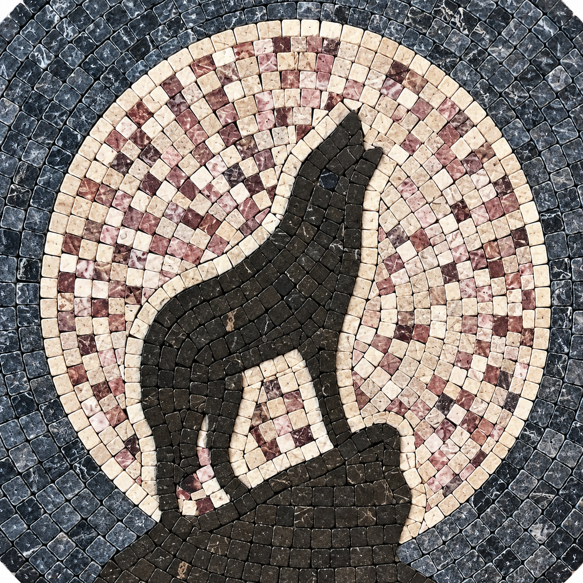 Close-up mosaic wall art: wolf howling design in black, white, and gray tiles