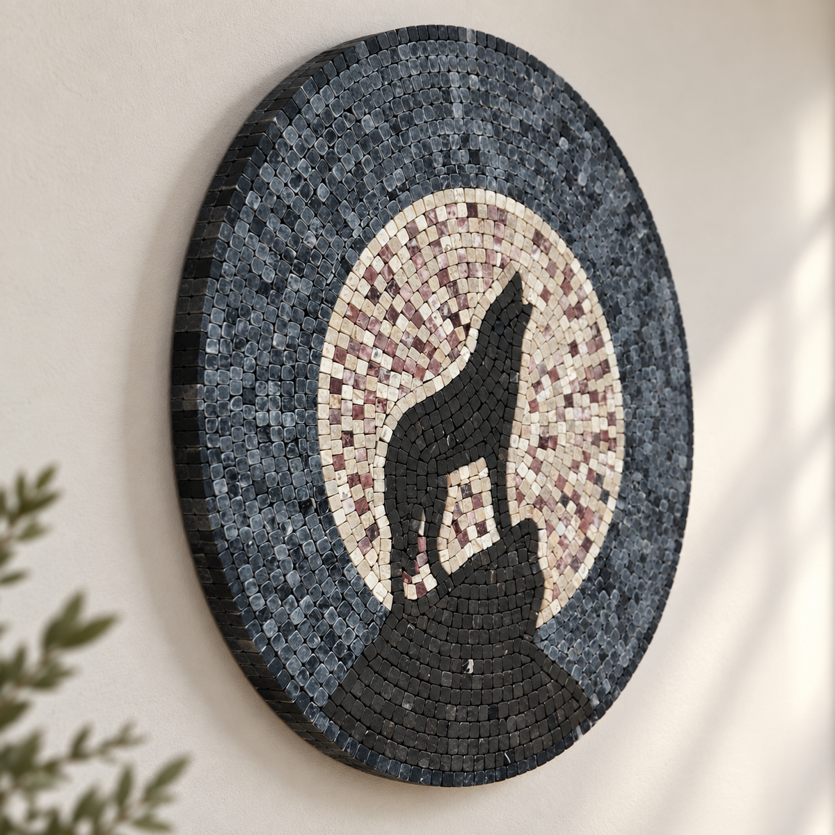 Oval wolf howling moon mosaic wall art in gray, black, and white tile