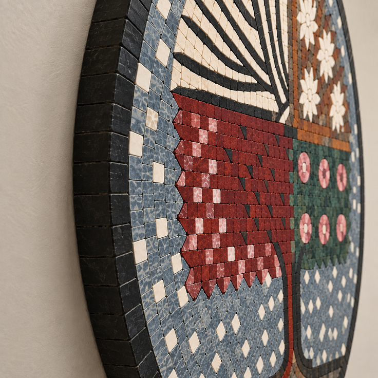 Close-up of round mosaic wall art tilework with red canopy, teal leaves, and pink circles.